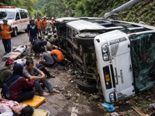 Elf Rombongan Wisatawan Surabaya Terguling di Pacet Mojokerto